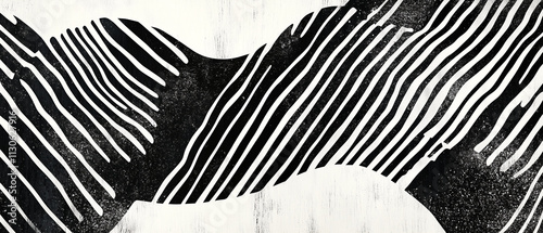 Bold black and white abstract lines creating a dynamic wave-like pattern with high contrast and modern art aesthetic
