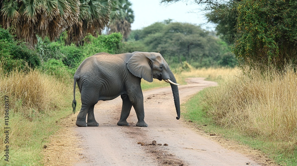 Obraz premium Elephant on dirt road in savannah landscape with trees