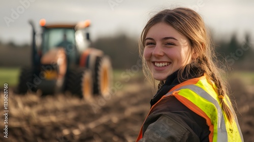 A female construction worker smiling in front of an open field with tractors