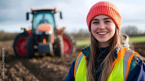 A female construction worker smiling in front of an open field with tractors