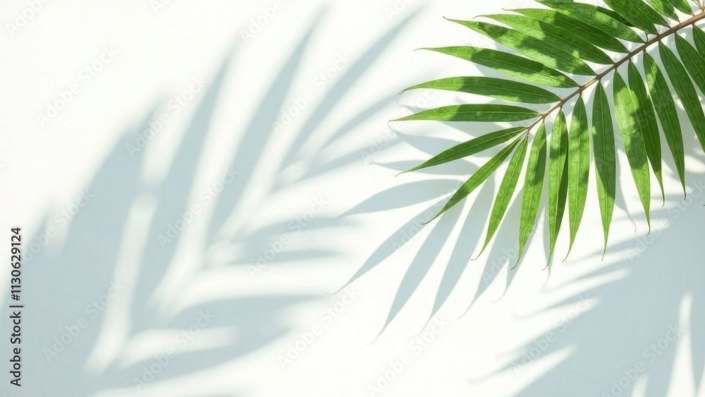 Fototapeta premium Light and shadow of palm leaves, palm leaves on a white background. Abstract tropical leaf silhouette, natural pattern for wallpaper, spring, summer texture.