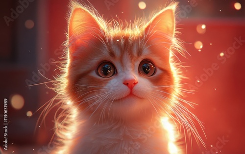 A cat with eyes is looking up at the camera