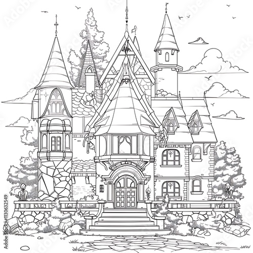 Intricate coloring page of a gothic mansion surrounded by nature outdoor scene artistic perspective fantasy theme