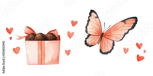 whimsical watercolor illustration featuring butterfly and gift box filled with chocolates, surrounded by hearts