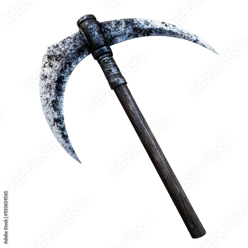 Rusty scythe with a worn wooden handle. transparent background