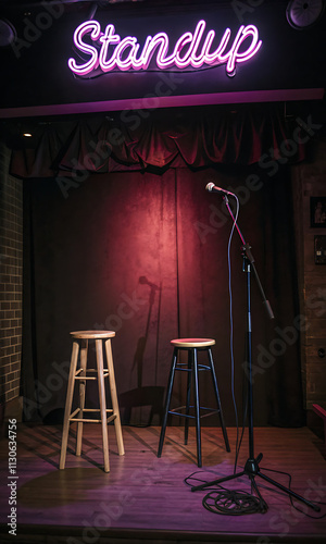 Empty standup comedy stage with two stools, a microphone on a stand, purple curtains, and a neon Standup sign. A spotlight illuminates the stage.