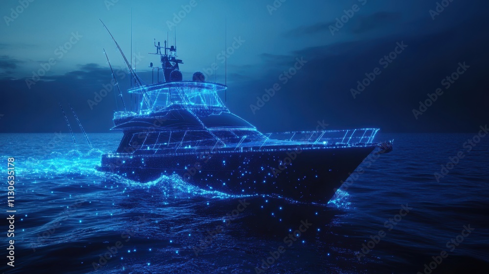 Fototapeta premium Futuristic Yacht Sailing in Neon Blue Waters at Night