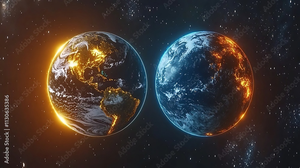 Fototapeta premium Dual Earth Globes Night Lights Space Planet Galaxy Cosmic