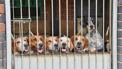 Foxhounds in kennels,  looking through the kennel door. photo