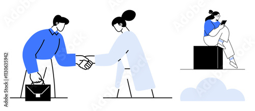 Businessman and businesswoman shaking hands while worker sits on a cube, using phone. Ideal for business, collaboration, remote work, partnership, communication, teamwork networking. Line metaphor