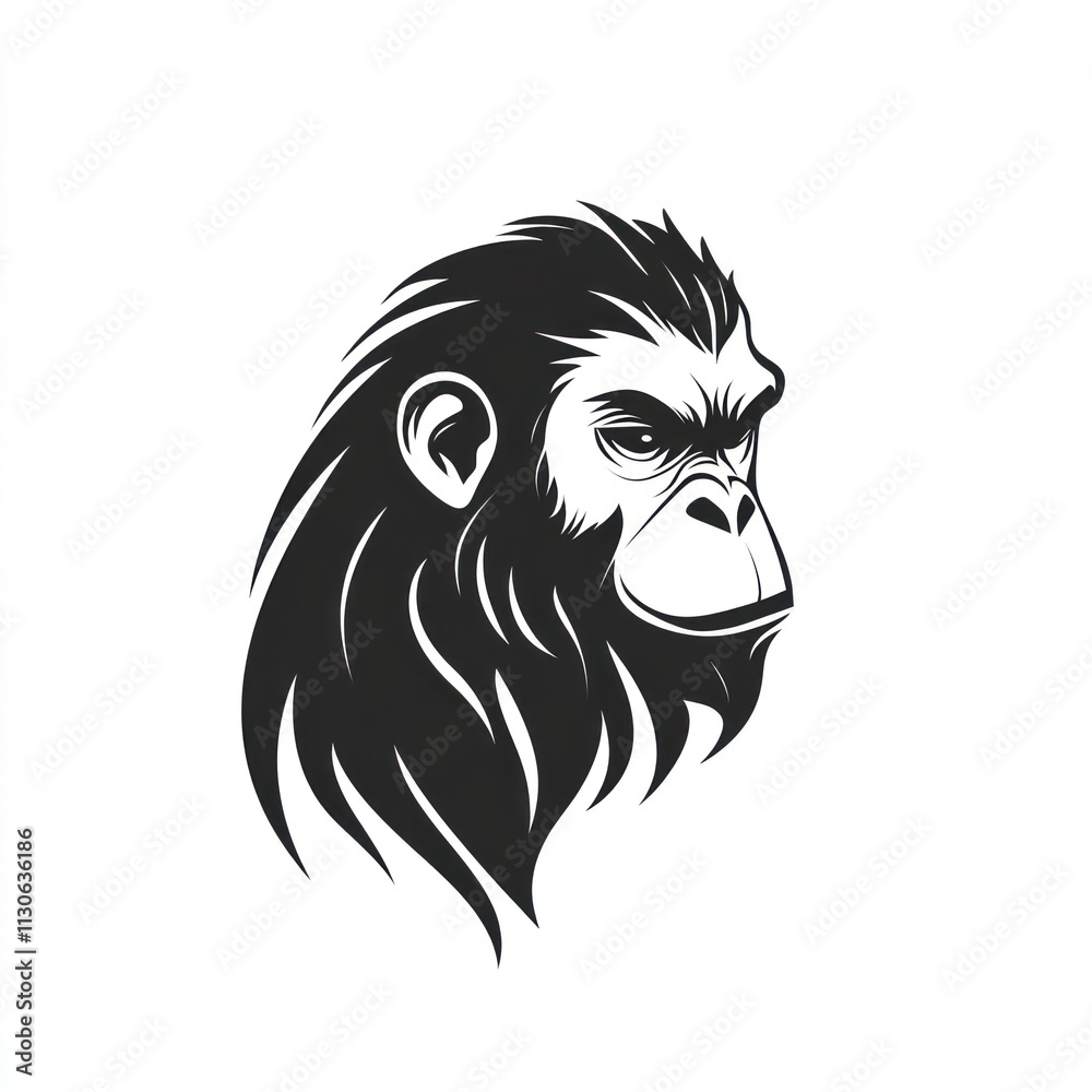 Fototapeta premium Monochrome illustration of a chimpanzee's head in profile view.