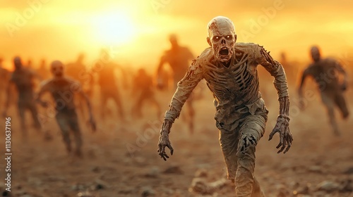 apocalypse and global crisis concept. A horde of zombies advancing through a desolate landscape at sunset. photo