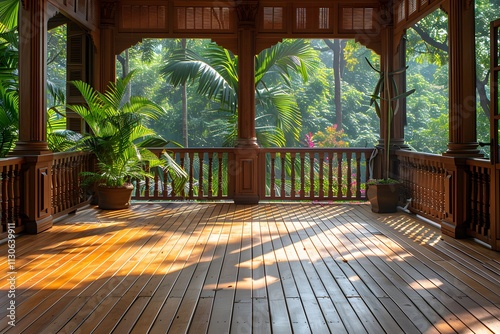 Tropical Veranda with Wooden Flooring and Lush Greenery for Relaxation and Design Inspiration photo