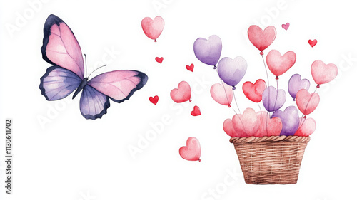 whimsical watercolor illustration of butterfly and heart balloons, evoking joy and love