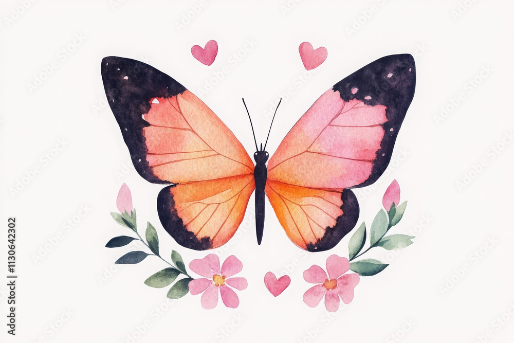 Obraz premium whimsical watercolor illustration of butterfly surrounded by flowers and hearts, evoking sense of joy and beauty