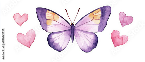 whimsical watercolor illustration of butterfly surrounded by pink hearts, evoking sense of joy and love