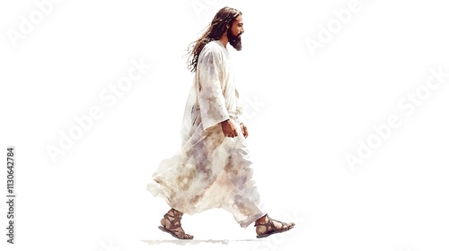 Jesus walking, wearing a white robe, full-body illustration, long hair, on a white background