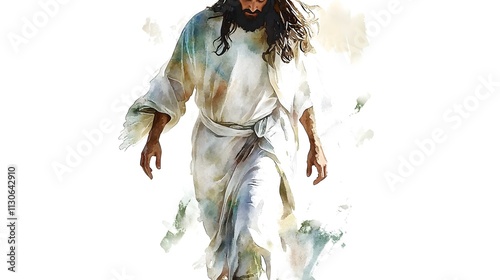 Jesus walking, wearing a white robe, full-body illustration, long hair, on a white background