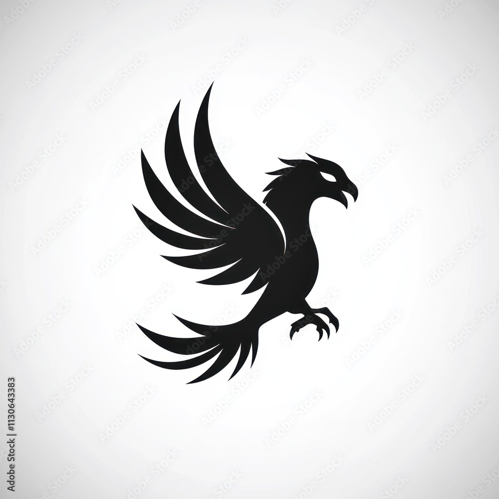 Fototapeta premium Silhouette of a soaring mythical bird with wide wings, powerful talons, and a fierce expression.