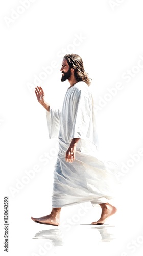 Jesus walking, wearing a white robe, full-body illustration, long hair, on a white background