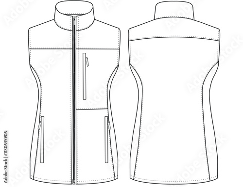 Modern vest  Jacket vector illustration with zipper front and back view