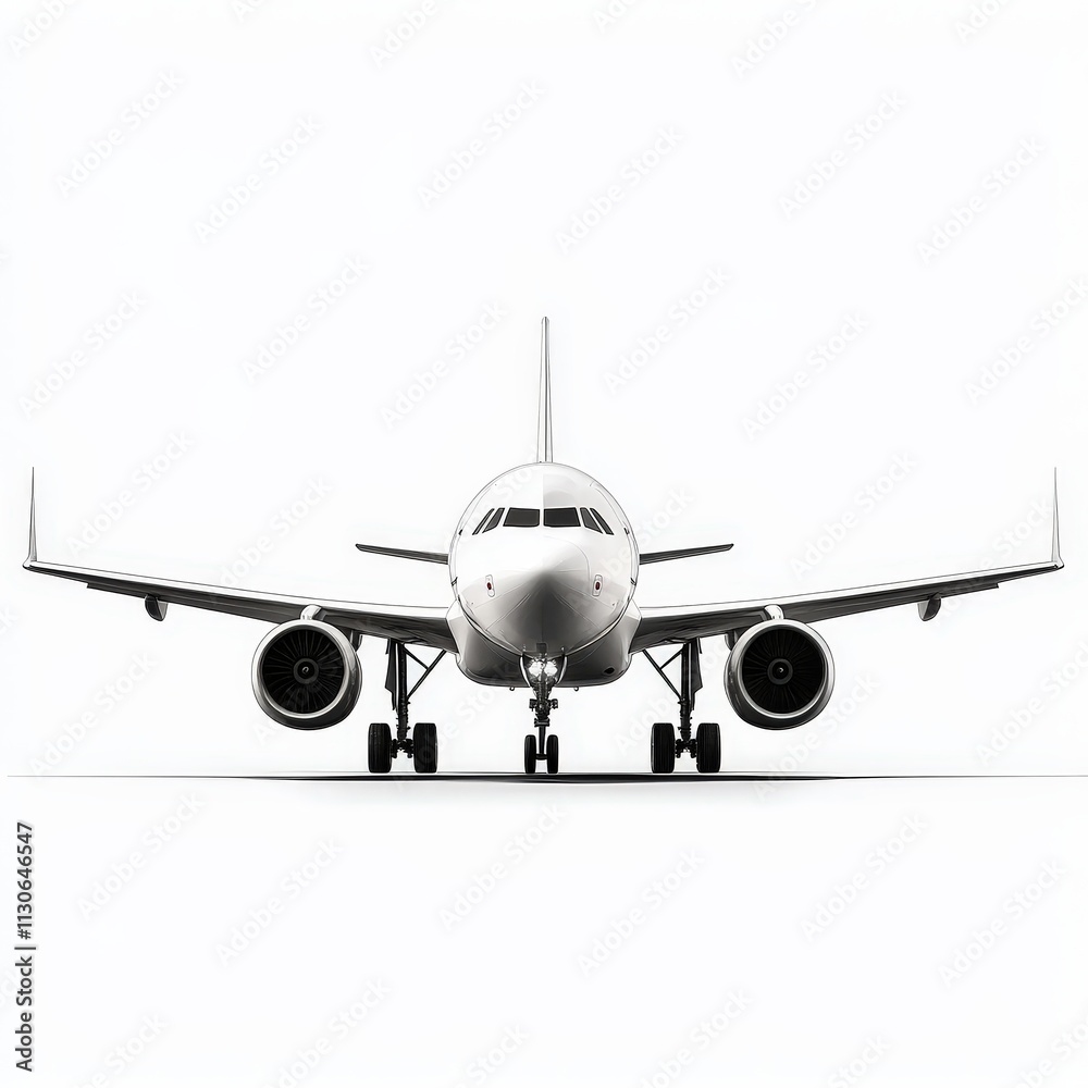 Obraz premium Front view of a modern passenger airplane on minimalist background