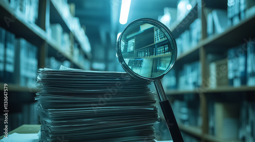 Ai generates insightful analysis of documents with a magnifying glass in a library environment for research purposes