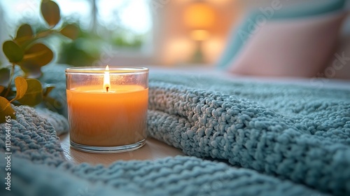 Cozy Nighttime Glow A Candle s Soft Embrace on Fluffy Bedding Symbolizing Comfort and Serenity photo