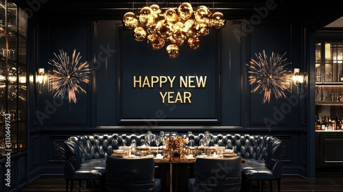 new year greeting card Elegant New Year's Eve Party, Luxurious Interior Design, Happy New Year Sign, Firework Decorations, Opulent Dining Setting
