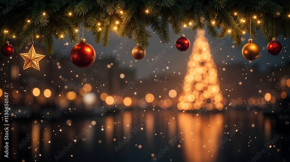 Fototapeta premium Christmas ornaments hang from Christmas tree branches garland. A blurry Christmas tree illuminated by twinkling lights in the background. Merry Christmas and happy New Year background