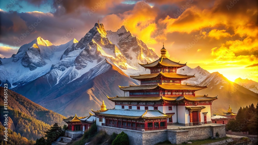 Fototapeta premium Majestic Himalayan Temple: Breathtaking Tibetan Buddhist Monastery at Sunrise, Mountain Peak Panorama