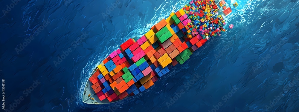 Fototapeta premium A cargo ship full of colorful containers sailing on the sea, seen from above, in the style of clip art style