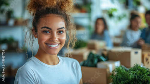 Smiling woman in casual attire volunteering at community garden project indoors photo