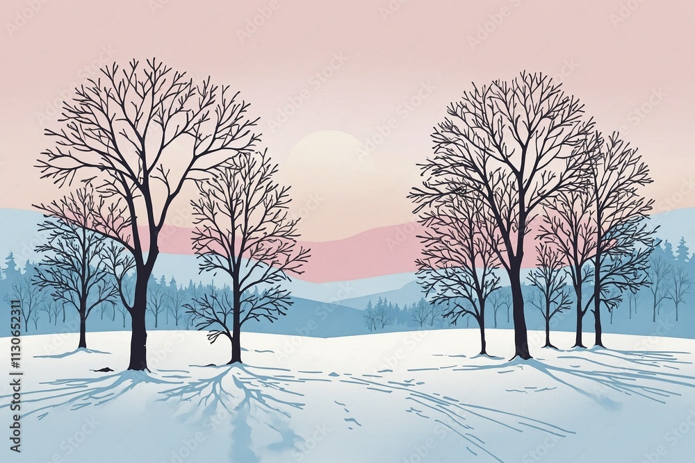 Fototapeta premium Fabulous winter landscape with silhouette trees and pastel sunset hues