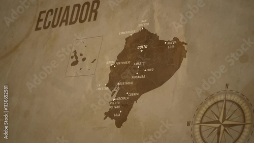 Vintage Map of ECUADOR with states Borders and Major Cities Positions