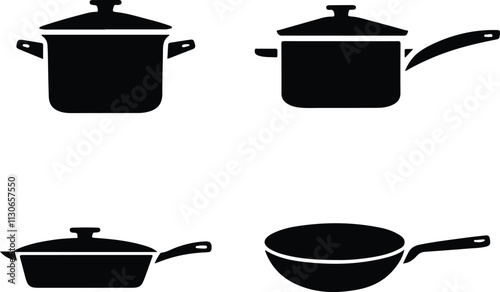Set of black cooking pot icons on white background. Vector illustration.