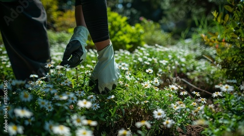 A gardener cultivating vibrant flowers in a bright and sunny spring garden setting
