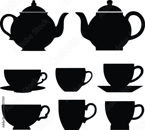 Teapot and cup icon set. Black and white vector illustration.