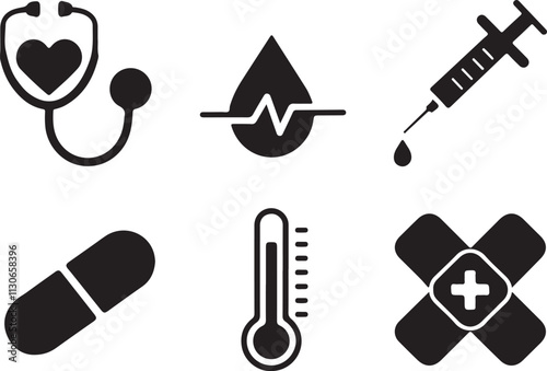 Medical icons set. Stethoscope, syringe, blood drop, cross. Vector illustration