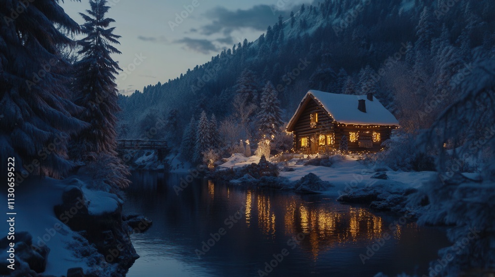 Fototapeta premium Enchanting Winter Cabin by the River: A Festive Snowy Escape in the Mountains