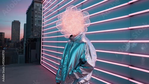 A male figure of ambiguous ethnicity stands against vibrant neon lights, wearing a shiny metallic jacket and a whimsical, glowing headpiece.