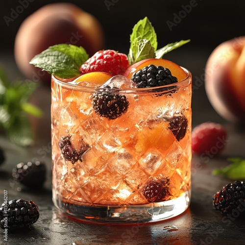 Berries and peach iced tea in a decorative glass, garnished with mint and displayed on a rustic table for a cheerful summer touch. photo