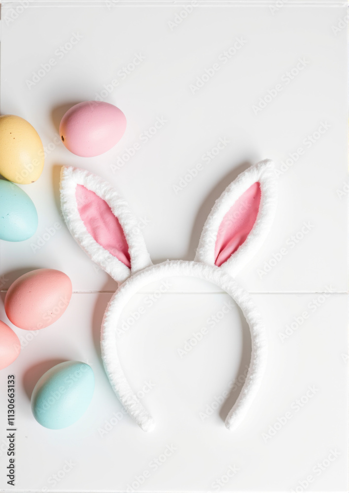 Fototapeta premium White bunny ears headband with pastel Easter eggs on table
