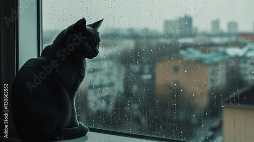 A candid shot of a Russian Blue cat sitting on a windowsill during a rainy day, with droplets of water on the glass and a muted cityscape in the background, photo