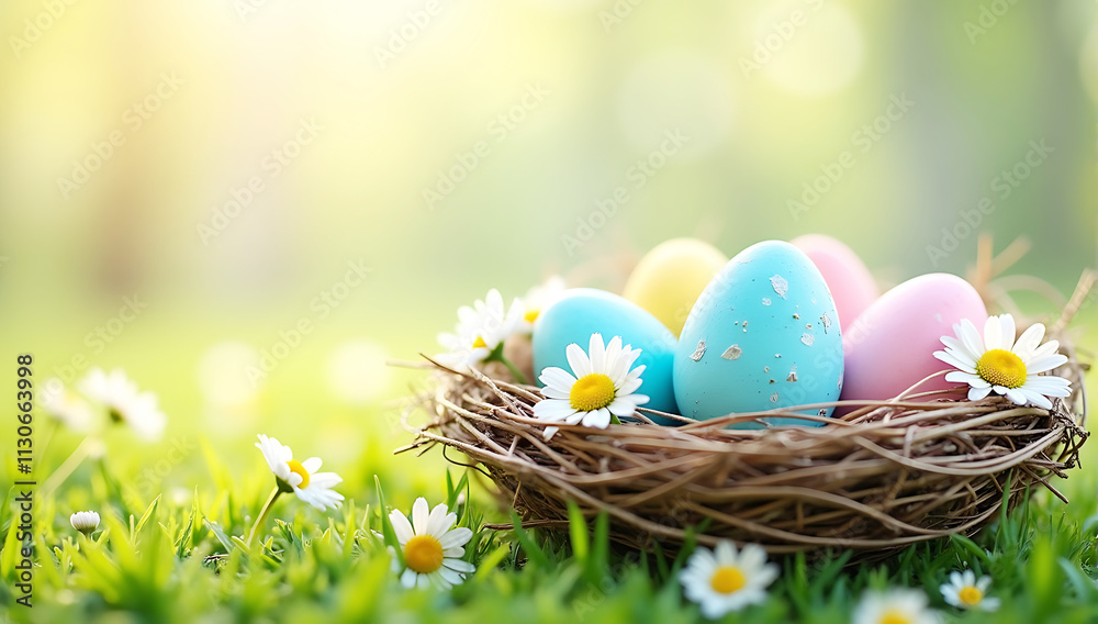 Fototapeta premium Nest with Easter eggs in grass on a sunny spring day, shallow depth of field, natural light, vibrant green background