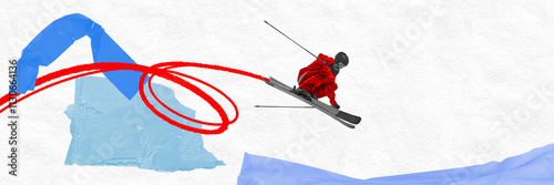 Contemporary art collage. Skier mid-jump, wearing red jacket, surrounded by abstract red and blue graphics, representing speed and energy in motion. Concept of winter sport, active lifestyle, travel. photo