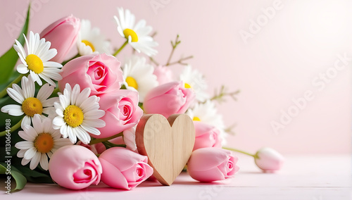 Pink roses, tulips, daisies, floral arrangement, soft pastel colors, wooden heart, rustic background, romantic composition