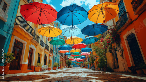 Multiple colorful umbrellas in mid-air above a city street. The umbrellas create a vibrant canopy