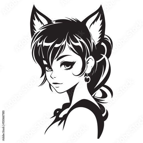 black and white drawing cat girl