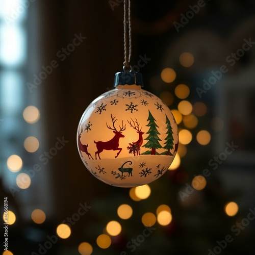 A handcrafted Christmas ornament, made from delicate ceramic with intricate hand-painted details of snowflakes, reindeer, and Christmas trees